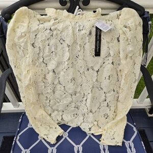NEW! Catherine Malandrino Ivory Long Sleeve Lace Blouse Sheer Mock Neck Tie L